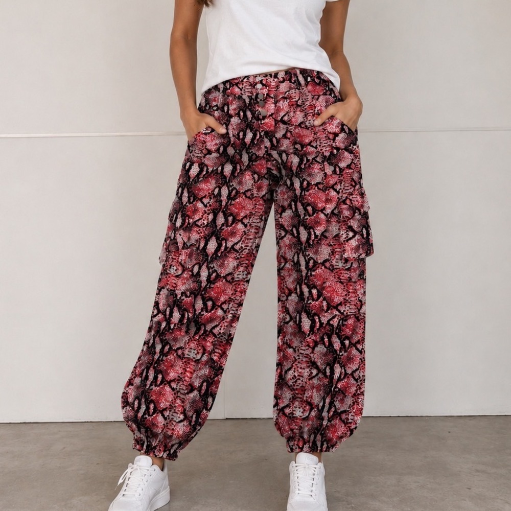 Lioness Red Snakeskin Print Cargo Pants High Waisted Button Fly Joggers L3